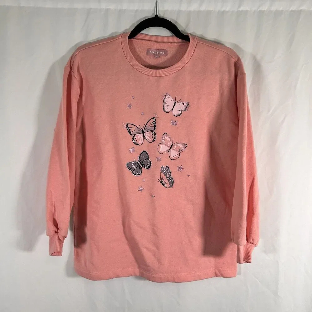 BCBG Girls Sweater Large Pink Butterfly Crew Neck Long Sleeve Pullover Top